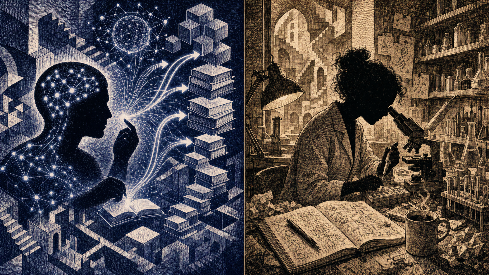 AI agent vs human researcher 双面 (split-panel ink diptych)