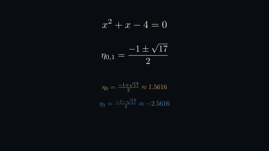 x^2+x-4=0 \Rightarrow \eta_{0,1}=\frac{-1\pm\sqrt{17}}{2}——\sqrt{17} 第一次出现。— Abel（Manim）
